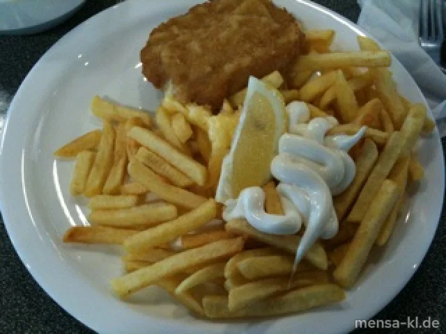 Cordon-bleu (S) mit Schinken (S/2/3) und Käse (1) gefüllt, Pommes-Frites und Erbsengemüse