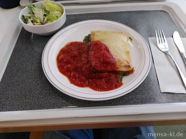 Lasagne mit Gemüsefüllung (Gl,Ei,La,Sl), Tomatensugo (Gl) und Salat