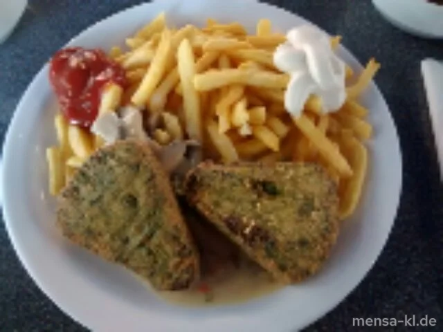 Broccoli-Nussecke (2,V) mit Waldpilzsoße (V,A), Pommes frites (V) und Salat (V)