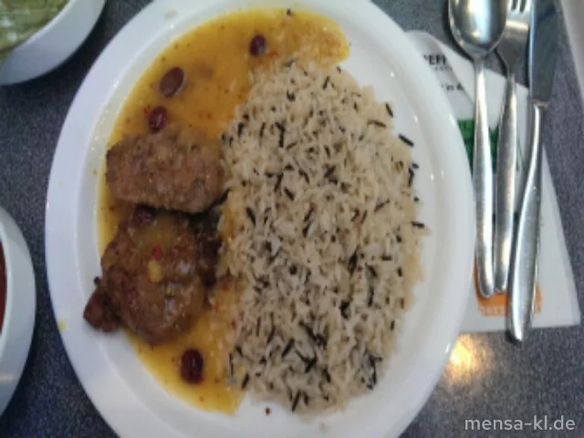 Schweinefilet-Medaillons (S) "Mauritius" mit Curry-Früchtesoße, Reis mit Wildreis und Salat