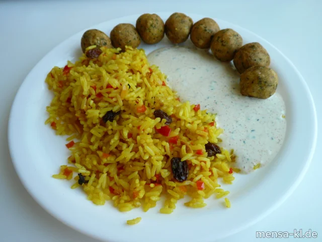 Falafel (1,Gl,Sl,V) mit Ayran-Kräuter-Dip (La,V), orientalischem Reis (Nu,Sl,V) und Salat (5,Sw,V)