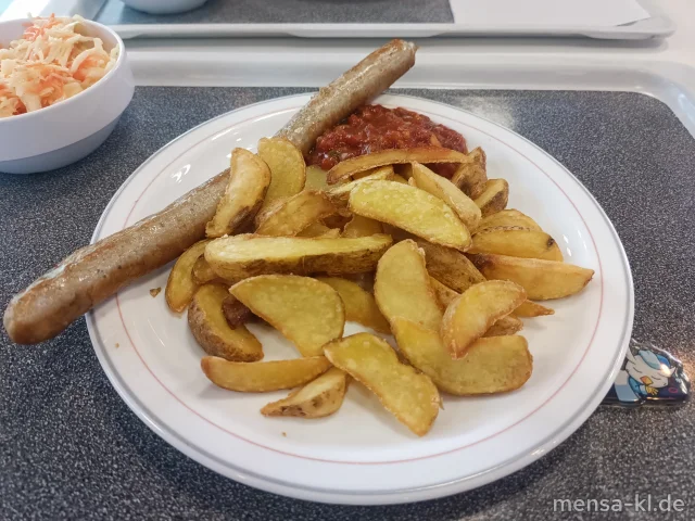 Grobe Bratwurst (Ei,R,S) mit Salsa-Dip (Sl), Potato-Wedges und einen Beilagensalat nach Wahl