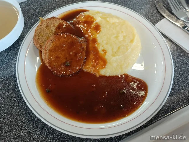 Karotten-Hafer-Frikadelle (Gl) mit Pfeffersoße, Kartoffelstampf (5,La,Sw) und Salat