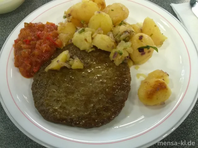Rinderhacksteak "El Paso" (Sl,Sf,R) mit Salsa (2,5,Gl,Sw,So) und Gaucho-Kartoffeln