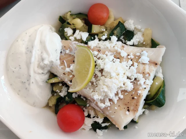 Zoodles mit Feta (La) und gedünstetem Kabeljaufilet (Fi), dazu Dill-Dip (La)