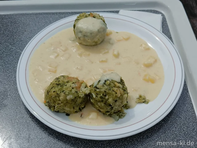 Spinatknödel (Gl,Ei,La) mit Kartoffel-Käse-Soße (Gl,La,Sl) und Salat