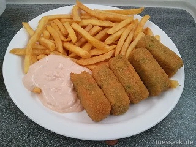 Gemüsekroketten (V) mit Cocktail-Dip (1,V), Pommes-Frites (V) und Salat (V)