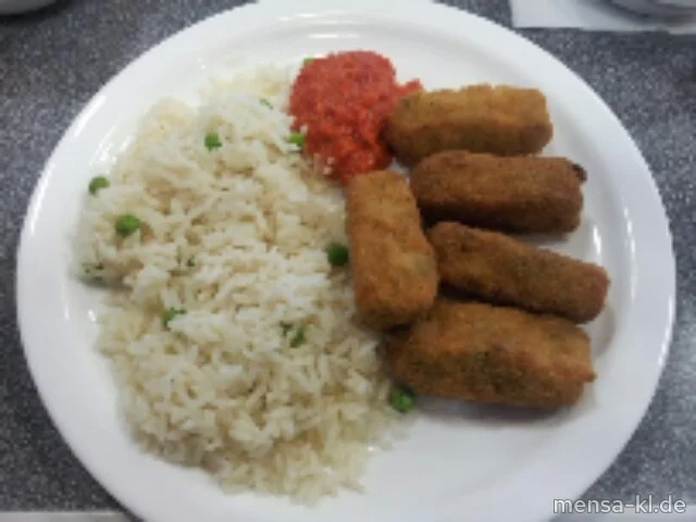 Gemüsekroketten (Gl,Sl,V,V+) mit Ajivar-Dip, Erbsen-Reis (1,V,V+) und Salat (1,3,5,Sw,V,V+) | Vegan