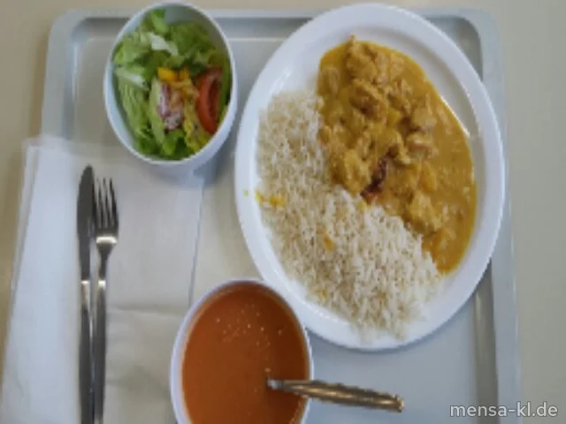 Putengulasch (G) in Curry-Früchtesoße (A), Reis und Salat