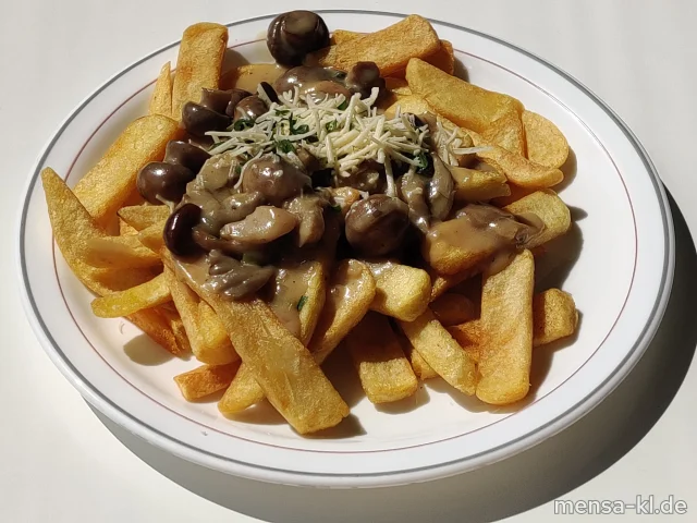 Große Portion Steakhouse-Fries mit einer Soße aus verschiedenen Pilzen (Gl,So), veganer Mozzarella (1), Petersilie und Salat