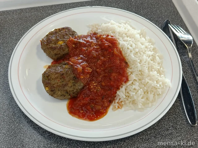 Zwei Köfta (Rinderhacksteak mit Gemüse und Hirtenkäse) (Gl,Ei,La,R) mit Paprika-Tomatensoße (Gl), Reis und Salat