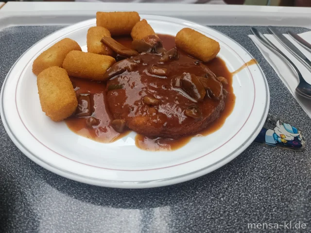 Blumenkohl-Käse-Medaillon (Gl,Ei,La) "Jäger Art" (Gl,Sl) mit Kroketten (Gl) und Salat (Gl,Sl)