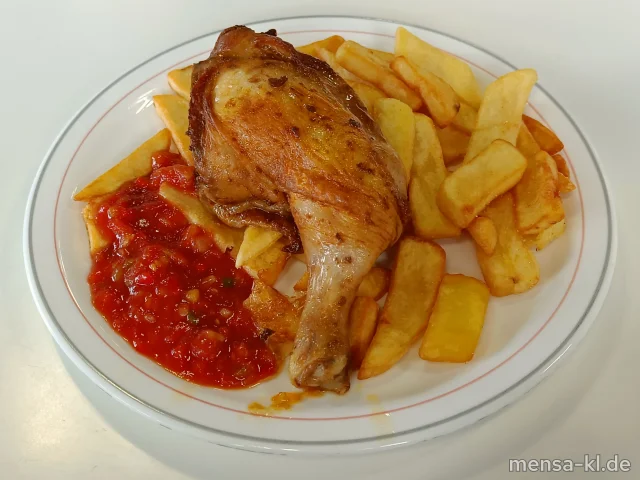 Gebratene Hähnchenkeule (Sf,G) mit Mexikana-Salsa, Steakhouse-Fries und Weißkrautsalat "Coleslaw" (1,5,Sw,Sf)
