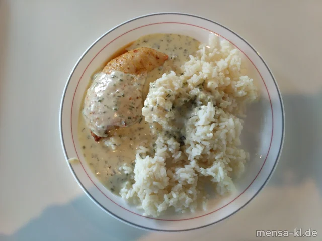 Truthahnfilet (G) Kräuter-Rahmsoße (Gl,La,Sf), Reis und Salat