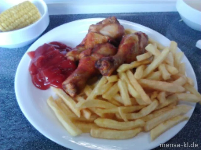 Chicken Drums (3,G) mit Pommes-Frites und Buttermais
