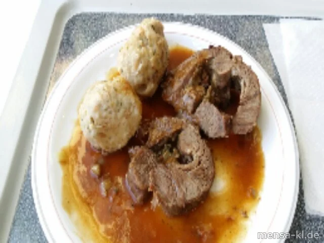 Rinderrollbraten (R) mit Burgundersoße (5,Gl,Sw,Sf,A,R) und Weckknödel (Gl,Ei,La)