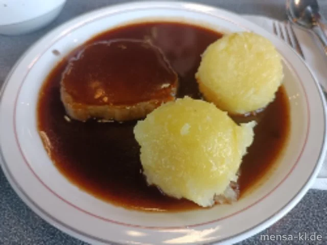 Rindersauerbraten (4,Sl,Sf,So,R) mit Sauerbratensoße (1,5,Gl,Sw,Sl,Sf,A,R), Kartoffelknödel (5,Sw) und hausgemachtem Apfelrotkraut (1,3,5,Sw)