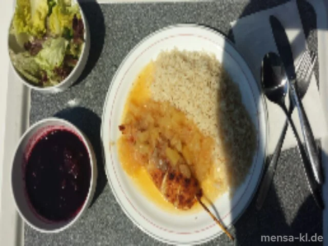 Hähnchenfiletspieße (G) mit Chili-Ananas-Zwiebel-Dip (1,5,Gl,Sw), Reis und Salat