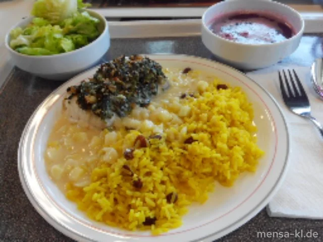 Seelachsfilet (Fi) mit einer Spinat-Vitalkruste (2,En,Gl,Nu,Ei,La), Apfel-Birnen-Béchamelsoße (Gl,La), Rosinen-Safran-Reis und Blattsalate mit Avocado-Vinaigrette (5,Sf,Sw)
