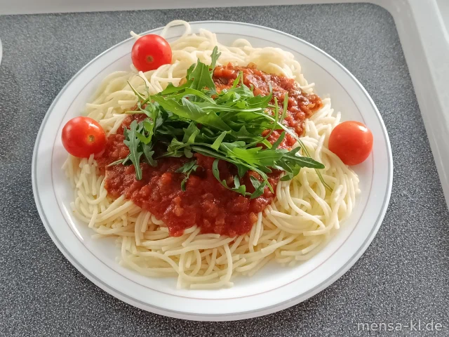 Gemüsebolognese (Sl) mit Spaghetti (1,Gl), Rucola, Kirschtomaten und Eisbergsalat
