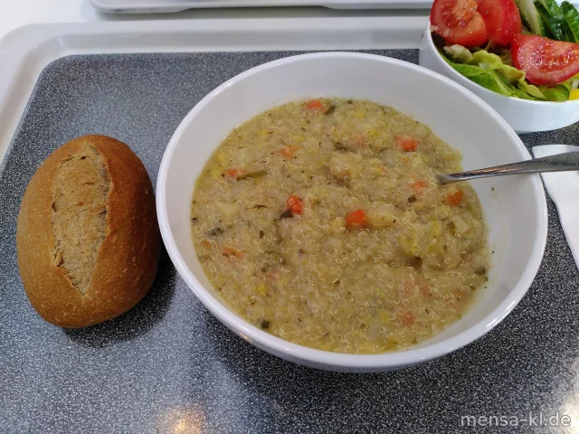 Linsen-Quinoa-Eintopf (Sl), dazu ein Vollkornbrötchen (Gl) und einen Beilagensalat nach Wahl