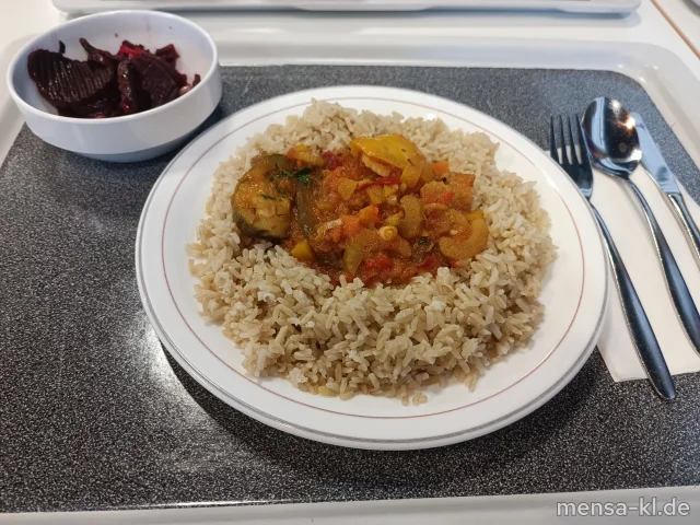 Gemüse Jambalaya (Sl) mit Naturreis und Rote-Beete-Salat