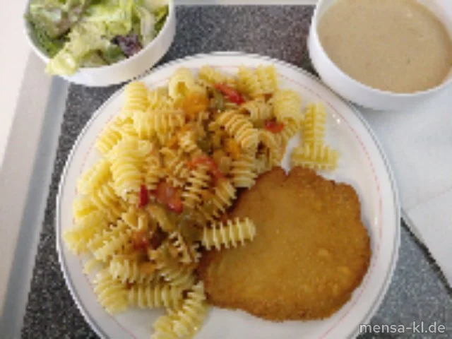 Paniertes Schweineschnitzel (Gl,S) mit Paprikasoße (Gl,La), Eiernudeln (1,Gl,Ei) und Salat