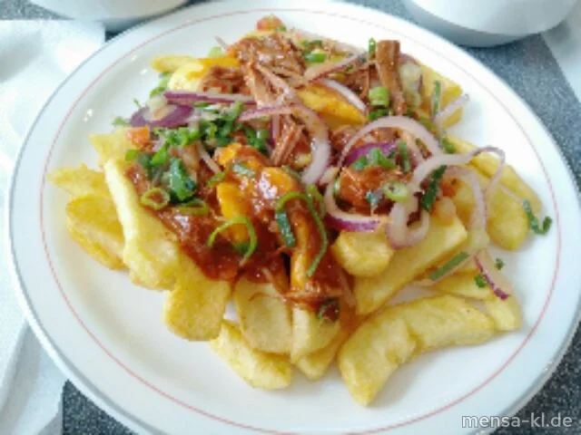 "POUTINE": Große Portion Steakhouse-Fries mit Pulled Turkey (G), Barbecuesoße (Sl), Frühlingszwiebeln und rote Zwiebeln, dazu Krautsalat (1,5,9,Gl,Ei,Sw,So)