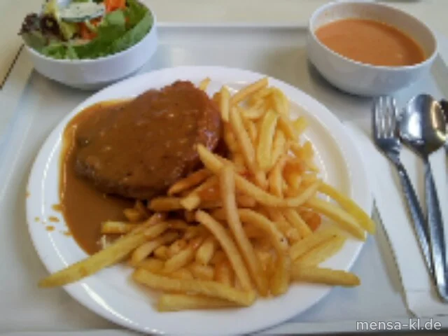Paniertes Schnitzel (S) mit Rahmsoße, Pommes-Frites und Salat