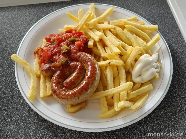 KIKOK Hähnchenbratwurstschnecke (3,9,Gl,Ei,Sf,So,G) mit Paprikasalsa (Sl) und Pommes frites, dazu einen Beilagensalat nach Wahl