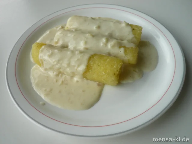 Drei Hoorische (1,2,5,Sw,V) mit Zwiebel-Sahnesoße (Gl,La,V) und Salat (V)
