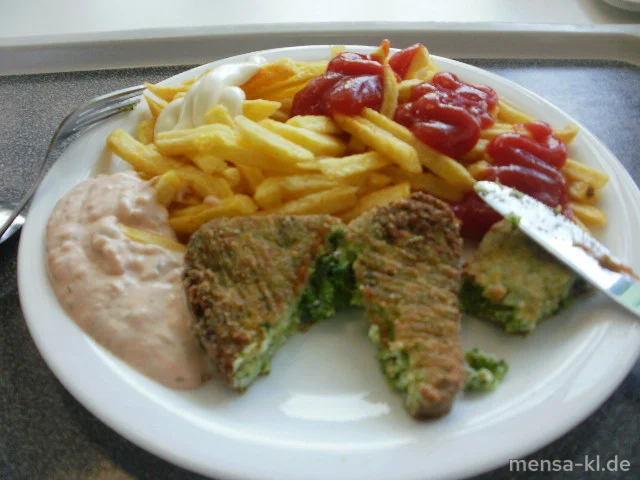 Broccoli-Nuss-Ecke (2) mit Cocktail-Dip, Pommes-Frites und Salat