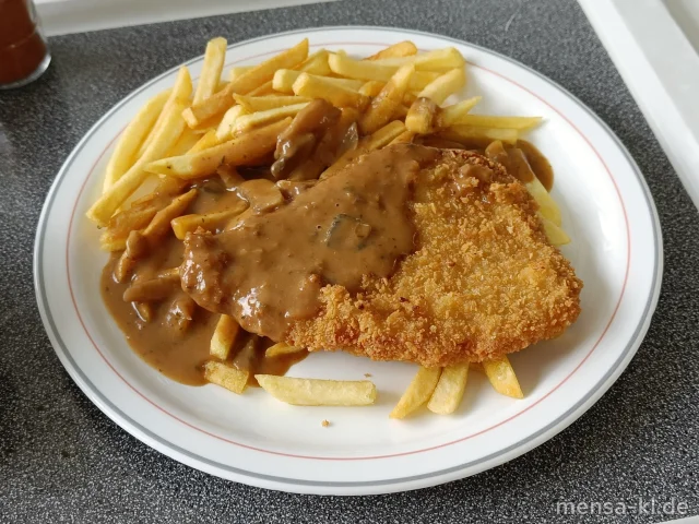 Paniertes Schweineschnitzel (Gl,Ei,S) mit Champignon-Rahmsoße (Gl,La), Pommes frites und Salat