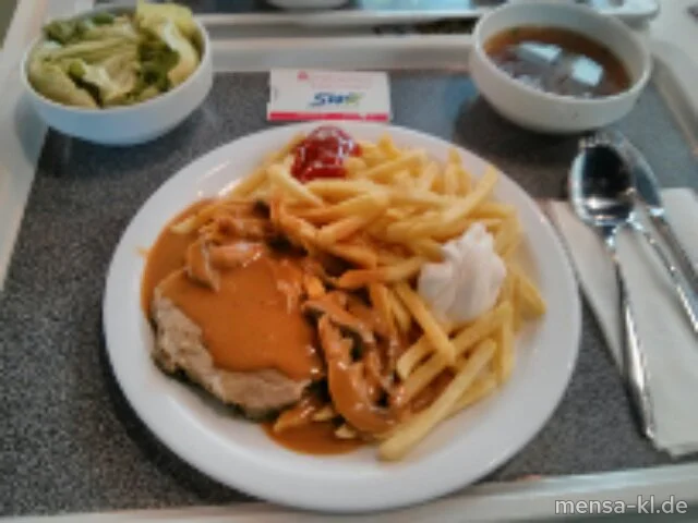Brasilianischer Pfefferbraten (1,2,S,A) mit Pommes frites und Salat