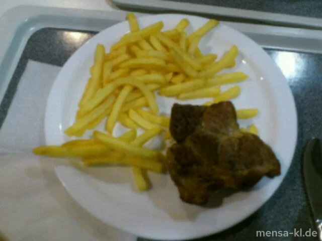 Schweinenackensteak (S) mit Röstzwiebelsoße (9,Gl,Sf), Pommes frites und Salat