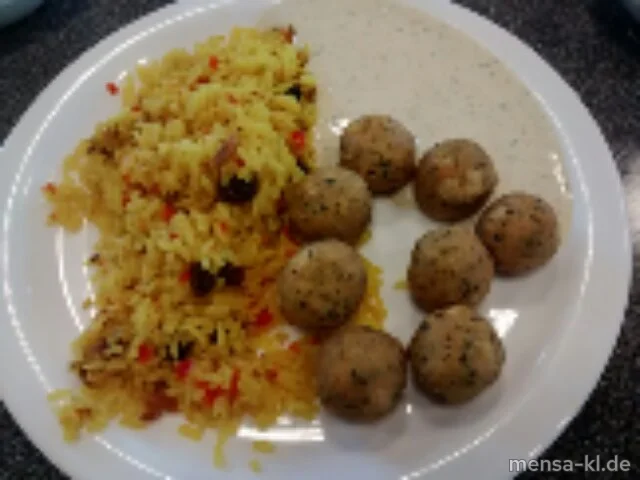 Falafel (1,Gl,Sl,V) mit Ayran-Kräuter-Dip (La,V), orientalischem Reis (Nu,Sl,V) und Salat (5,Sw,V)