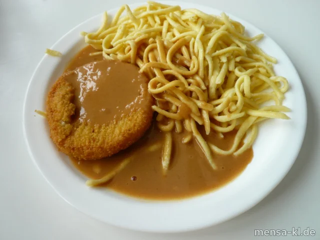 Gemüsekrustie (Gl,Ei,La,Sl,V) mit Rahmsoße (Gl,La,Sf,V), Spätzle (1,Gl,Ei,V) und Salat (1,5,Sw,V)