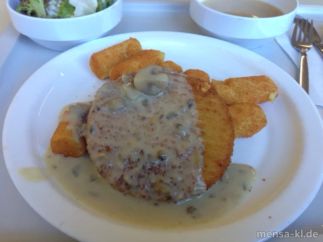 Blumenkohl-Käse-Medaillon (V) mit Waldpilz-Rahmsoße (V,A), Kroketten (1,V) und Salat (V)