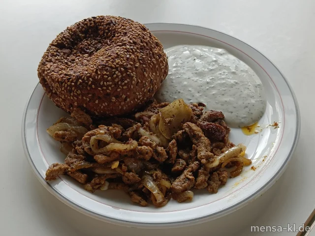 Pfannengyros vom Schwein (S) mit Joghurt-Dip (La), Eiweiß-Dönerbrot (Gl,Se) und Krautsalat (1,5,9,Gl,Ei,Sw,Sf)