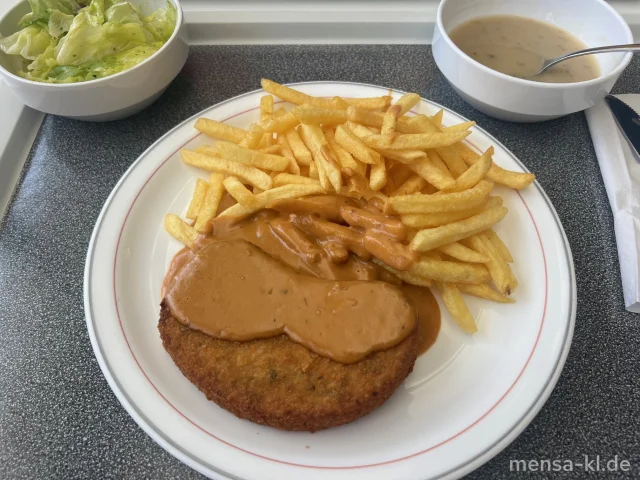Sellerie Knusperschnitzel (Gl,Sl) mit Rahmsoße (Gl), Pommes frites und Salat