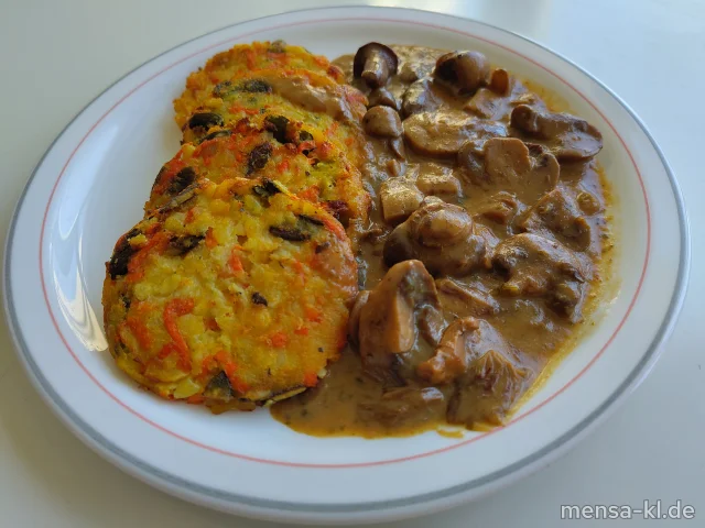 Karotten-Kürbiskern-Rösti (Gl,Sl), dazu Champignonpfanne (Gl,So) und ein Beilagensalat nach Wahl