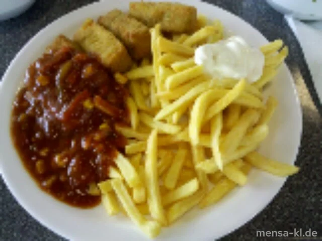 Gemüsekroketten (V) mit Pusztasoße (9,V), Pommes-Frites (V) und Salat (V)