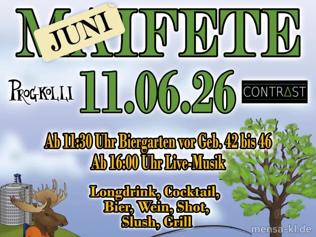 Grillstand Maifete vor Gebäude 46 ab 11:30 Uhr.
Grillkäse 2,50&thinsp;€, vegane Gemüsepfanne 2,50&thinsp;€, Bratwurst 3,00&thinsp;€, Gemüsepfanne 3,00&thinsp;€, vegane Bratwurst 3,50&thinsp;€, Schwenksteak 4,00&thinsp;€. <a href="https://maifete.de">Siehe maifete.de</a>