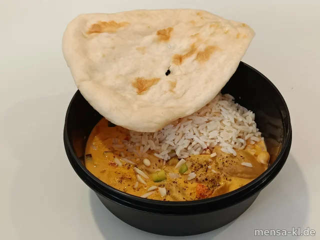 CTM: Planted.chicken Tikka Masala mit Kichererbsen, Paprika und Auberginen (En,Gl,La,Sl,So), dazu Reis oder Naanbrot (Gl)