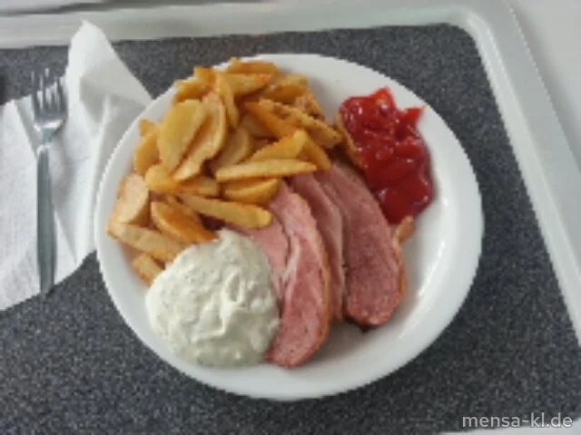 Pfälzer Rieslingschinken (2,4,S,A) mit Kräuter-Senf-Dip und Kartoffelecken