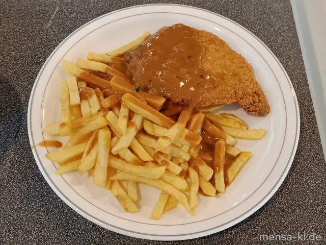 Paniertes Schweineschnitzel (Gl,Ei,S) mit Pfefferrahmsoße (Gl,La), Pommes frites und Salat
