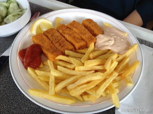 Fischstäbchen (F) mit Cocktail-Dip (1), Pommes-Frites und Salat