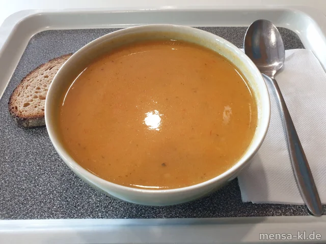 Gemüsecremesuppe (Gl,Sl), dazu eine Scheibe Bauernbrot (Gl)