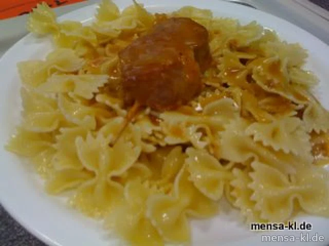 Schweinelende-Spieß (4) mit Rahmsoße, Farfalle und Salat