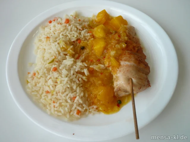 Hähnchenfleisch-Spieß (G) mit Mango-Pfeffersoße (La), Gemüsereis (Sl) und Salat
